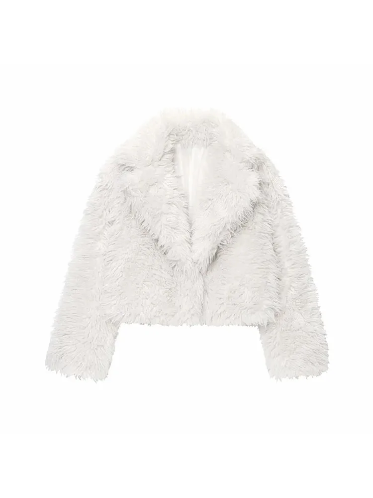 Chaqueta con efecto de piel sintética y solapa ancha para mujer, abrigo corto decorado con bolsillo y temperamento elegante, otoño 2025