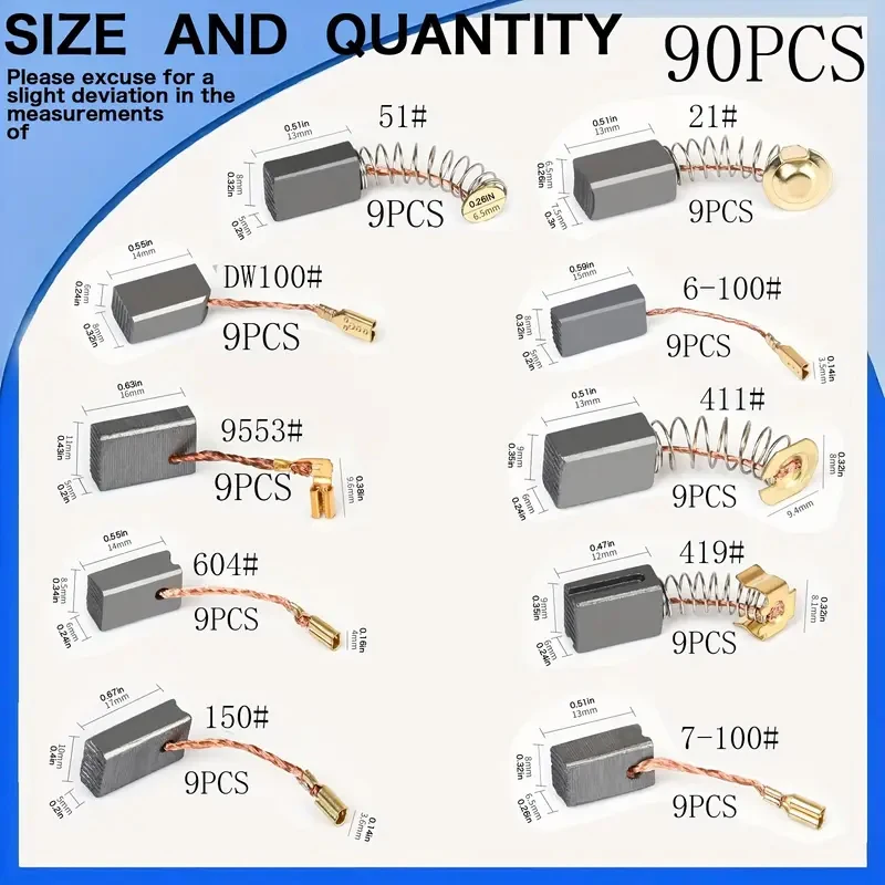 90Pcs, 10 Different Specifications, 9Pcs Per Specification, Electric Tool Carbon Brushes, Suitable for Various Types of Electric Hammers, Angle Grinders, Electric Drills, and Other Power Tools, Repair Replacement Parts