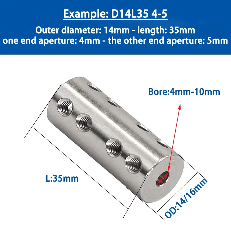 1Pc 45# Steel Reducing Rigid Coupling Set Screw Lengthen Type High Torque Motor Shaft Connector L35mm Bore 4mm-10mm