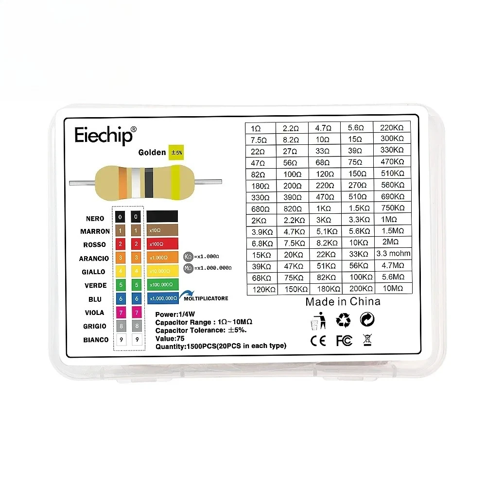 560/1000PCS 0.25W Carbon Film Resistor Assortment Kit 1Ω To10MΩ 2.2Ω To 2.2MΩ 5% Electronics Components Pack for DIY Projects