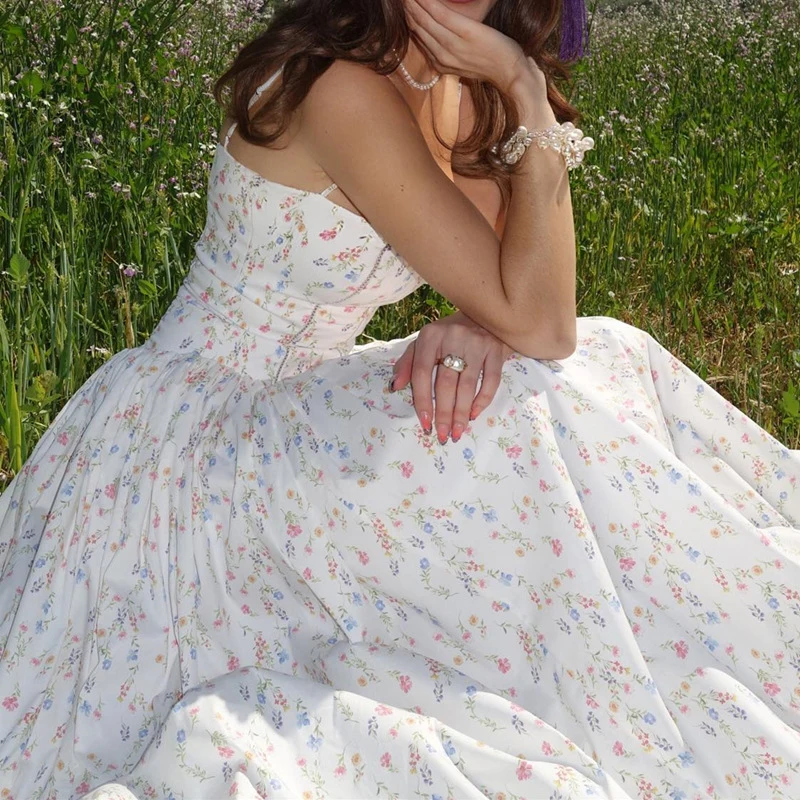 

Beach Holiday Style Sweet Flower Printed Sling Off-shoulder Backless Pleated Women Maxi Dress French Style Fairy Sundress Outfit