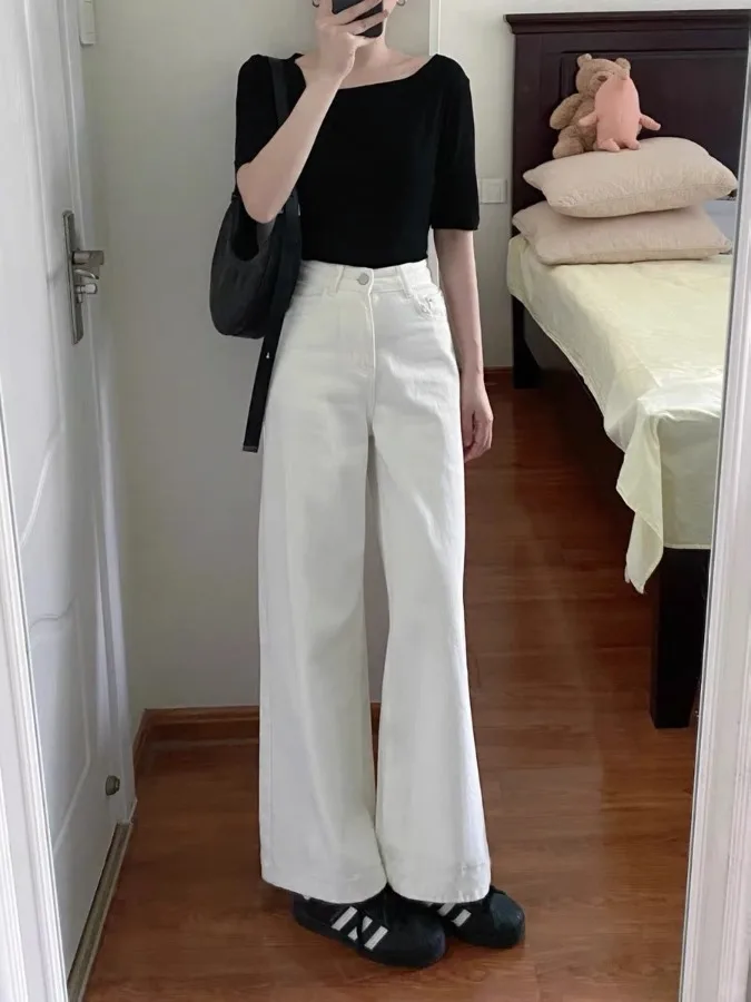 

Прямые белые джинсы с высокой талией, женские зимние новые свободные широкие драпированные брюки длиной до пола, свободные брюки