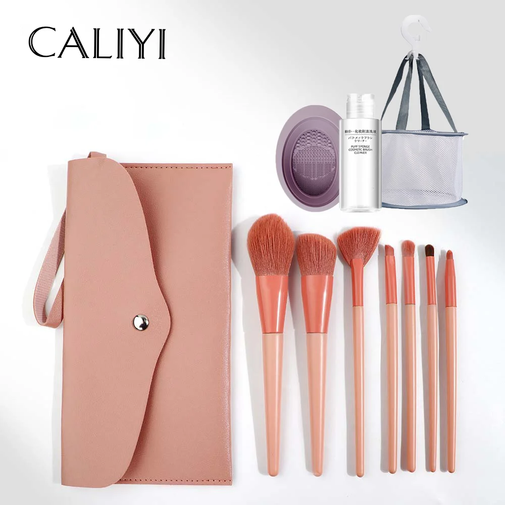 CALIYI 7PCS Makeup Brushes Horse Hair With Bag Cleaning Tools Cosmetic Powder Contour Eyebrow Blending Eye Shadow Lip Make Up