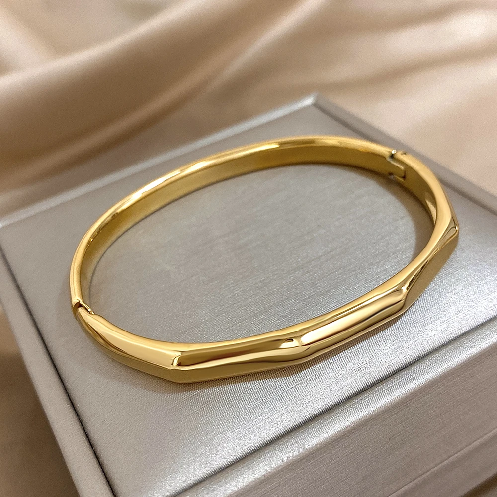 Trendy Classic Geometry Plain Gold Color Stainless Steel Bangles Bracelet For Women Stackable Wrist Jewelry Gift