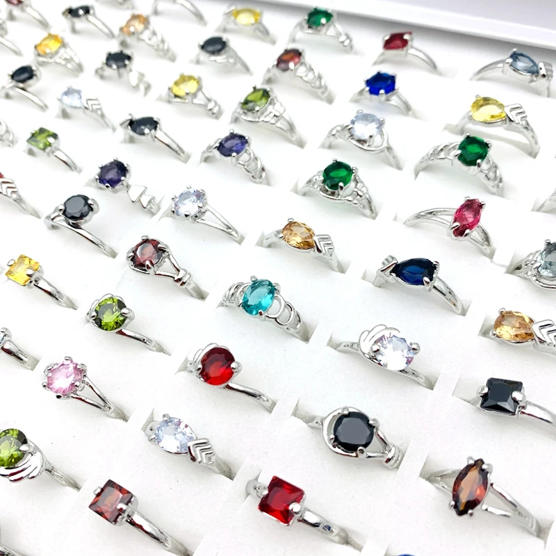 10/30/50/100PCs Rings For Women Silver Plated Zircon Stone Fashion Jewelry Party Gifts Mix Styles Wholesale