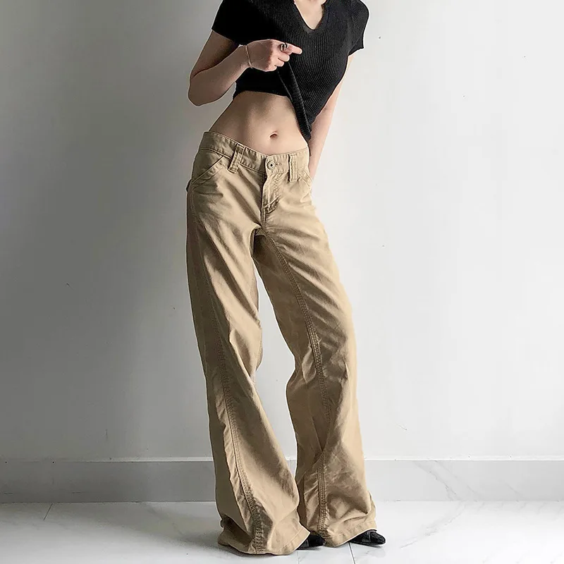 Deeptown Y2k Vintage Women Cargo Pants Harajuku Baggy Casual Korean Fashion Khaki Trousers Streetwear Basic New Pantalones