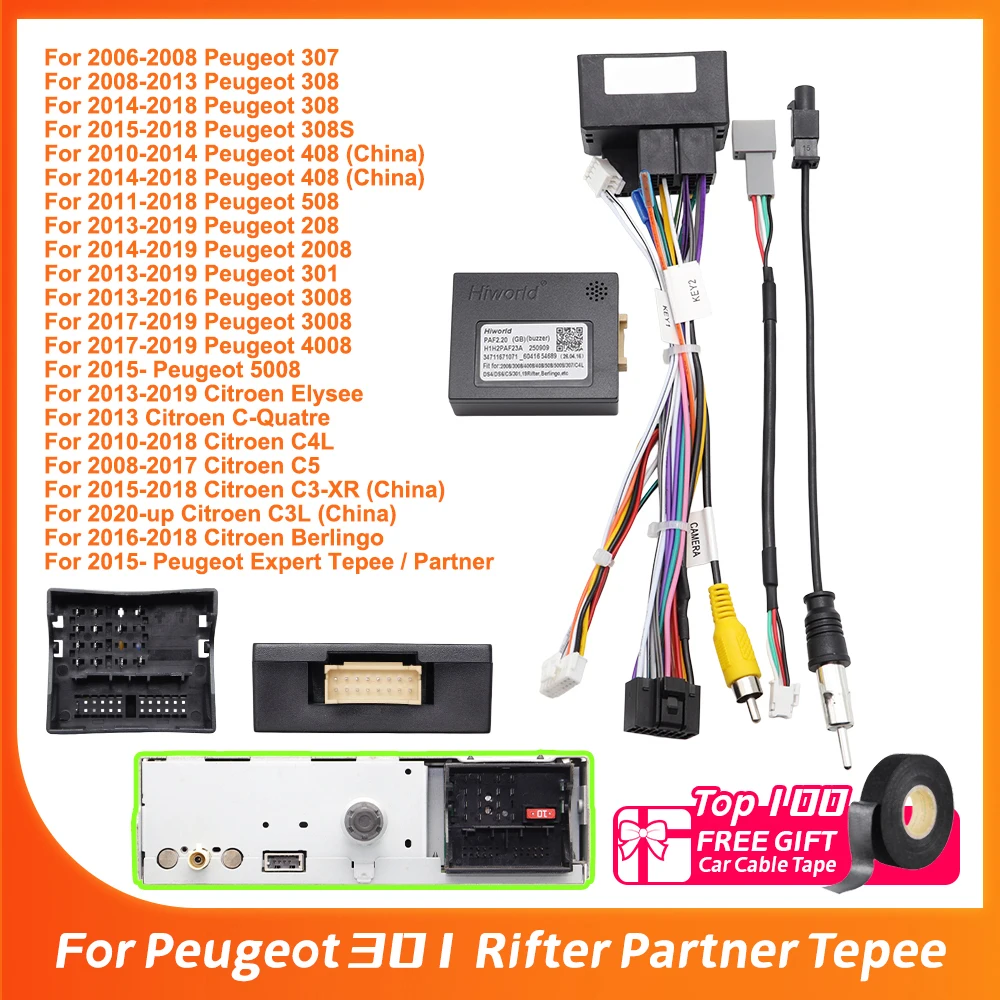 Cable de Radio para Automóvil Peugeot 301, Rifter, Partner, Tepee, RCZ, Citroën Berlingo, Jumpy, C6, Adaptador CANbus, Arnés de Cableado, Conector de Alimentación