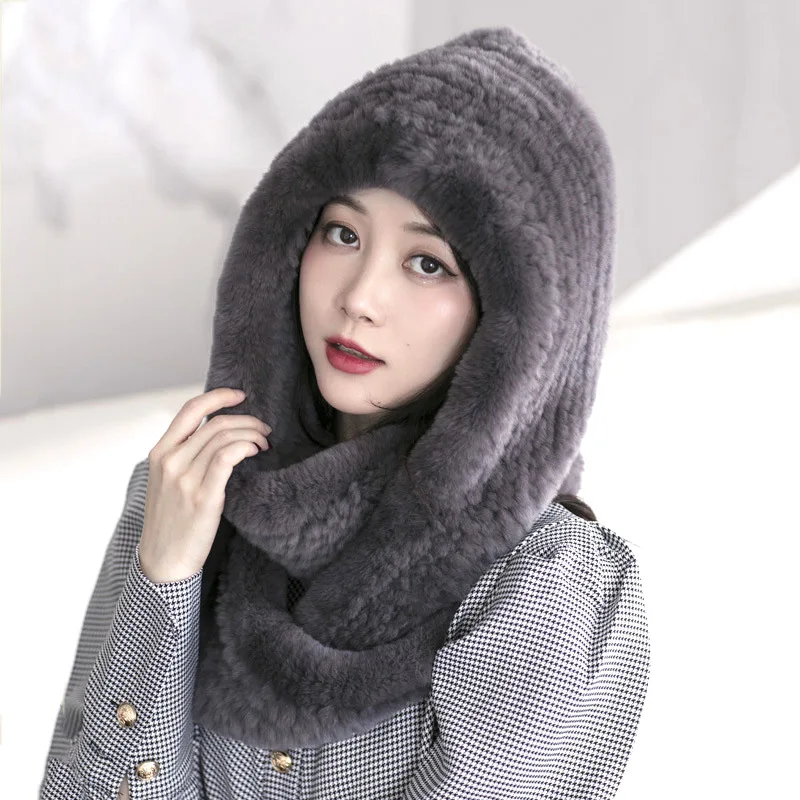 BESFILIN Real Rex Rabbit Fur Scarf Hat for Women, Multifunctional Knitted Hat, Keep Warm, Double Faced, Autumn and Winter