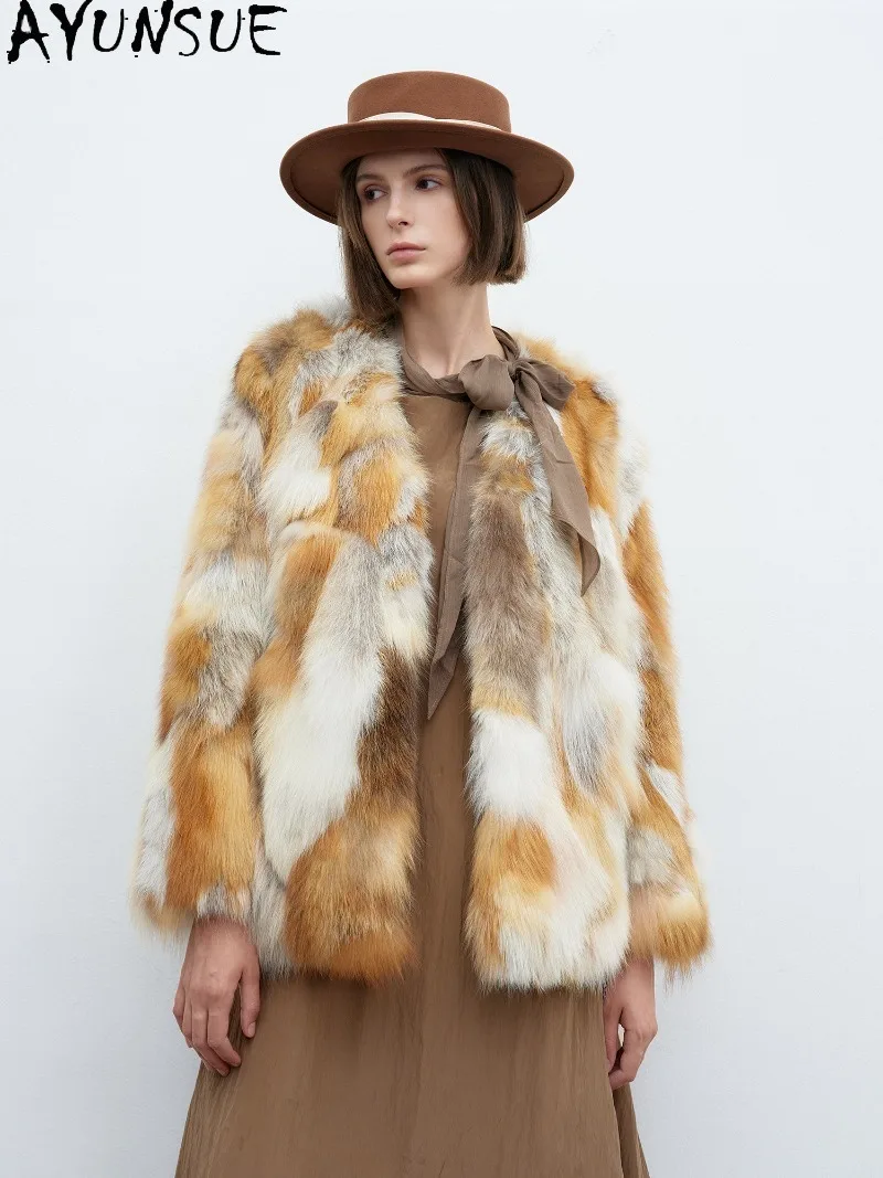 AYUNSUE Genuine Red Fox Fur Womens Coat Mid-length Real Fur Coats Slim Fit V-neck Clothing Warm Winter Clothes Ladies Luxurious