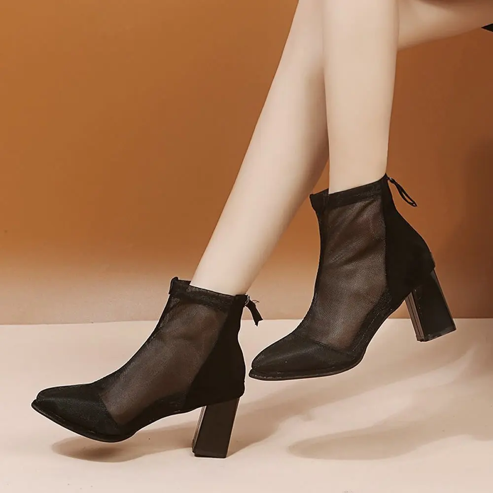 

Mesh Sandals Boots Women 2025 High Heels Ankle Boot for Summer Ponited toe Sexy Lace Shoes Hollow Back Zip Black Bottes Female