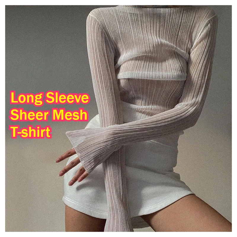 Women's Sexy Vertical Strip Decor See Through T-Shirts Mesh Slim Fit White Transparent Tank Tops Hollow Out Casual Streetwear