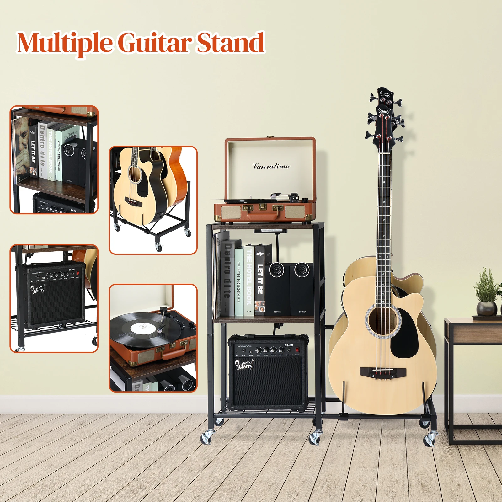 Multi functional guitar stand with socket bottom wheel, black