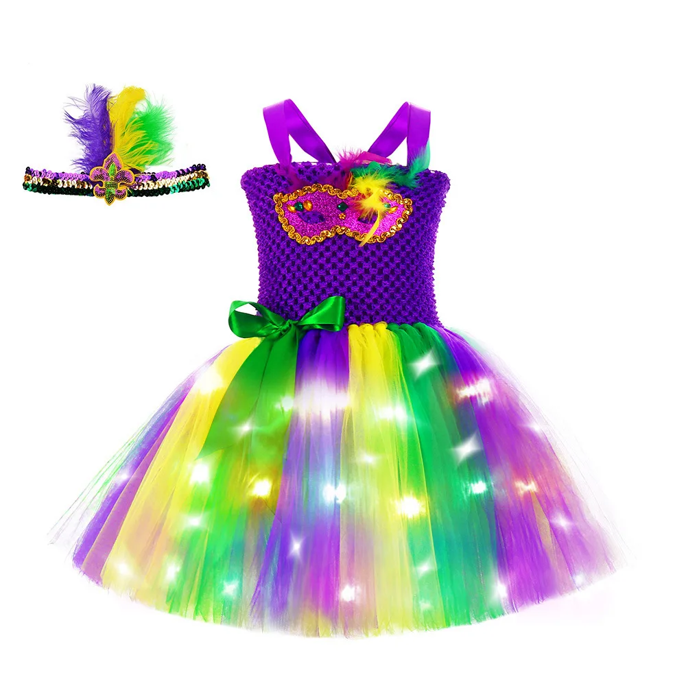 Mardi Gras For Girls LED Light Up Tutu Dress With Feather Headband Kids Masquerade Party Dress Up Carnival Holiday Performance