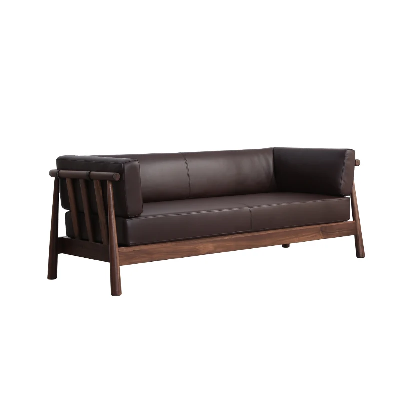 

Modern Minimalist Three-Seat Small Apartment Leather Black Walnut Chinese Style