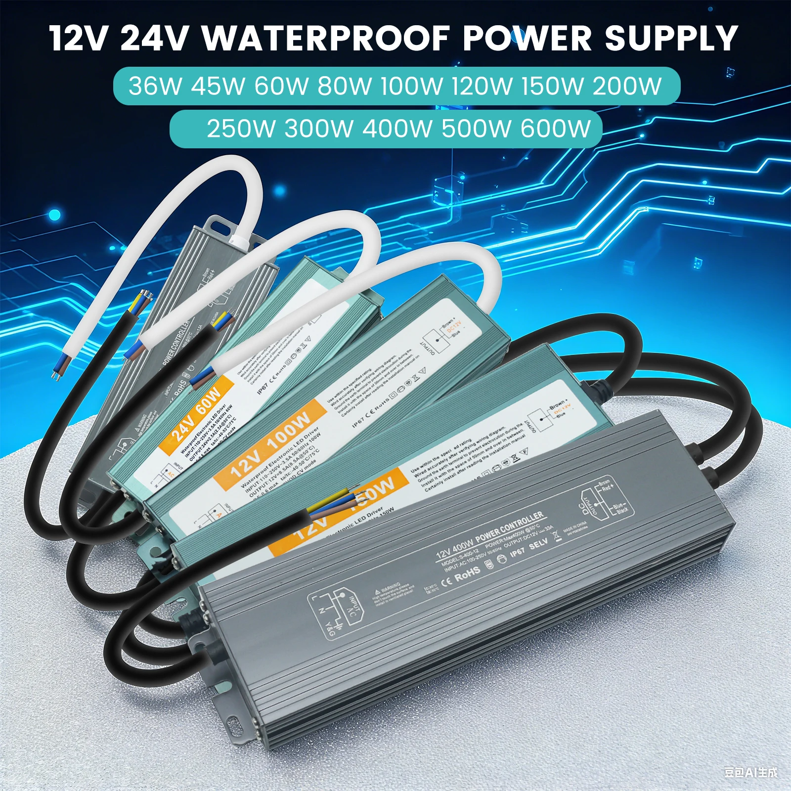 AC 110V 240V Power Supply Driver IP67 Waterproof 36W 60W 80W 100W 300W 400W 500W 600W 12V 24V DC Transformer Adapter LED Strip