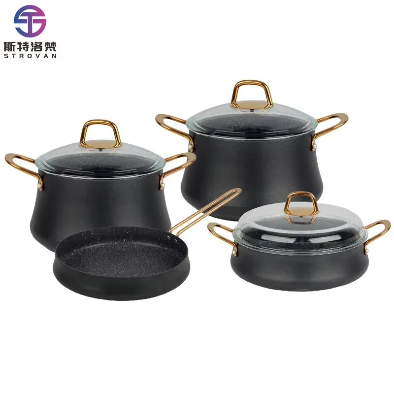 Kitchen 7 Pieces Granite Marble Die-cast Aluminum Non-stick Cookware Set with Golden Handles and Glass Lid