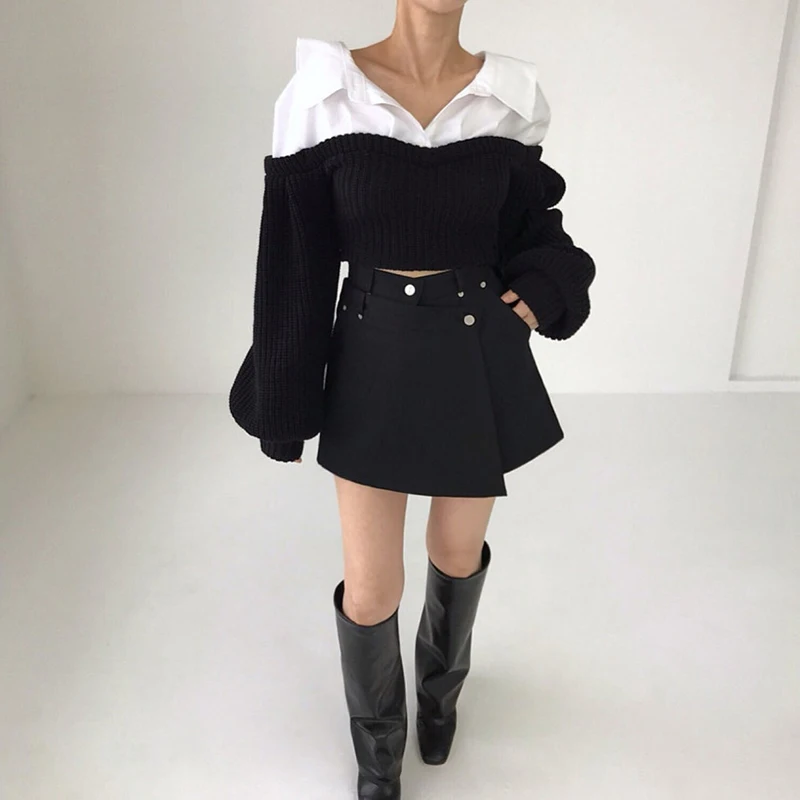 Maglione nero corto Moda donna Patchwork Pullover lavorato a maglia Maglieria coreana a maniche lunghe Autunno Inverno Maglioni dal design elegante