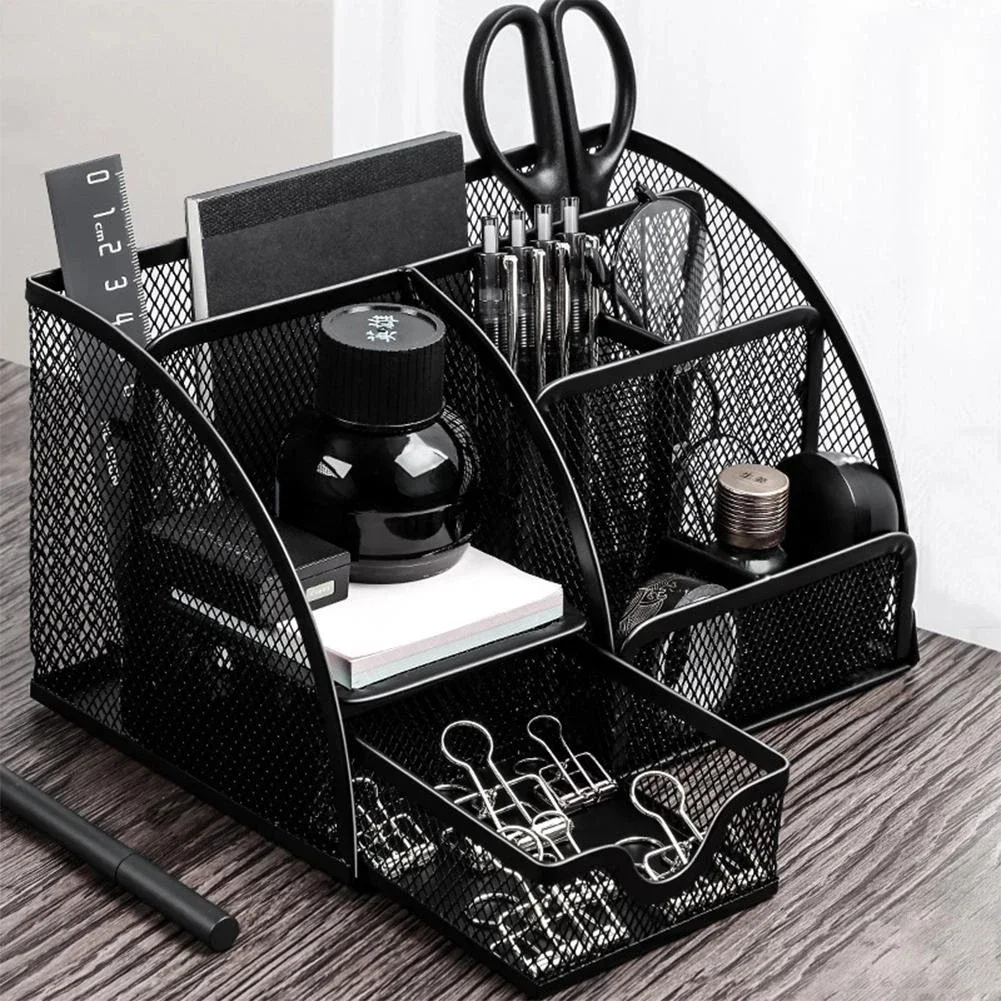 Metal Mesh Desktop Office Stationery  Organizer  6 Compartments Stationery Holder File Paper Book Letter Magazine Tray Holder