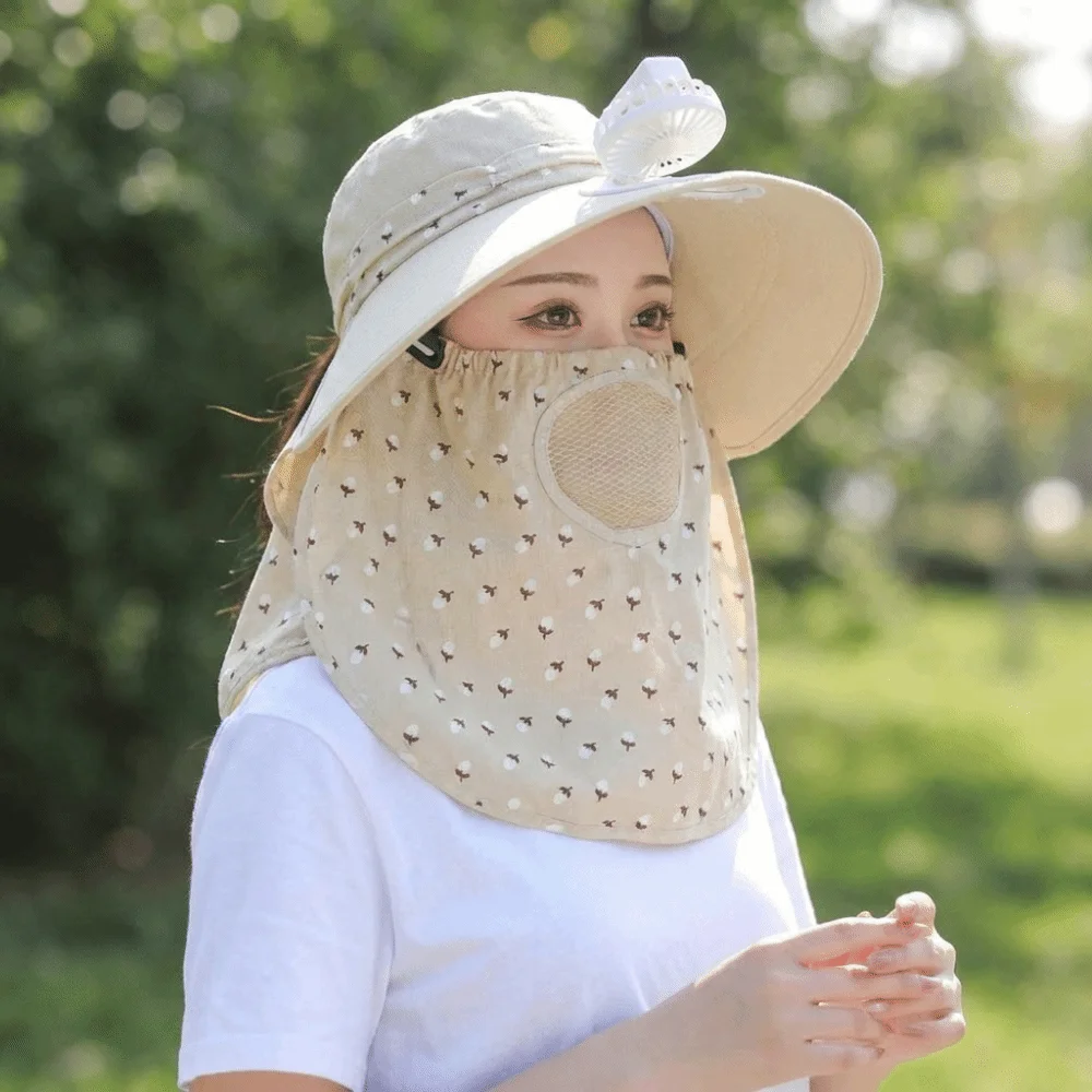 Windproof Electric Fan Bucket Hat Full Face Cover UV Protection Tea Picking Hat With Neck Flap Big Brim Women Sun Hat Girl