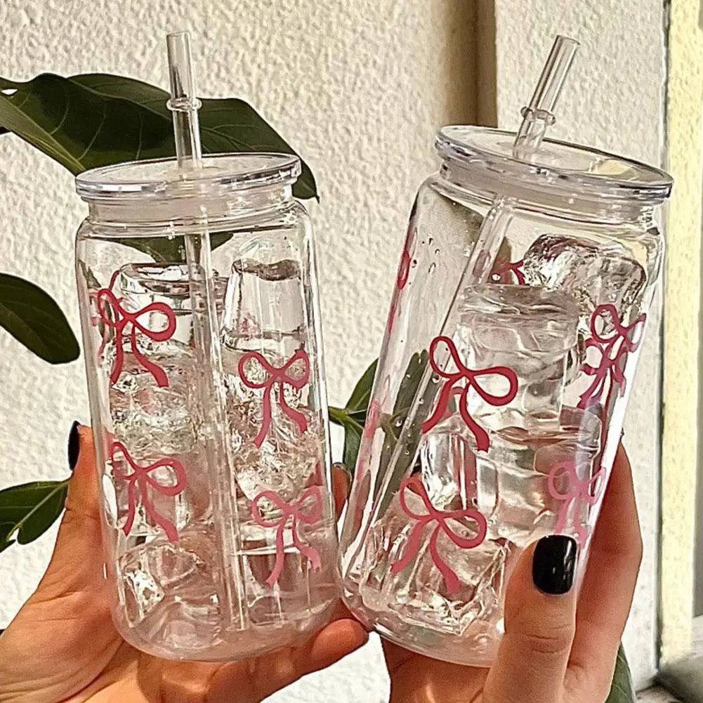 NONE Niedliche Schleife, Glasbecher, Einmachglas, geformte Wasserflasche mit Deckel, Strohhalm, Kaffeetassen, Party-Geschenk für Eiskaffee, Saftbecher