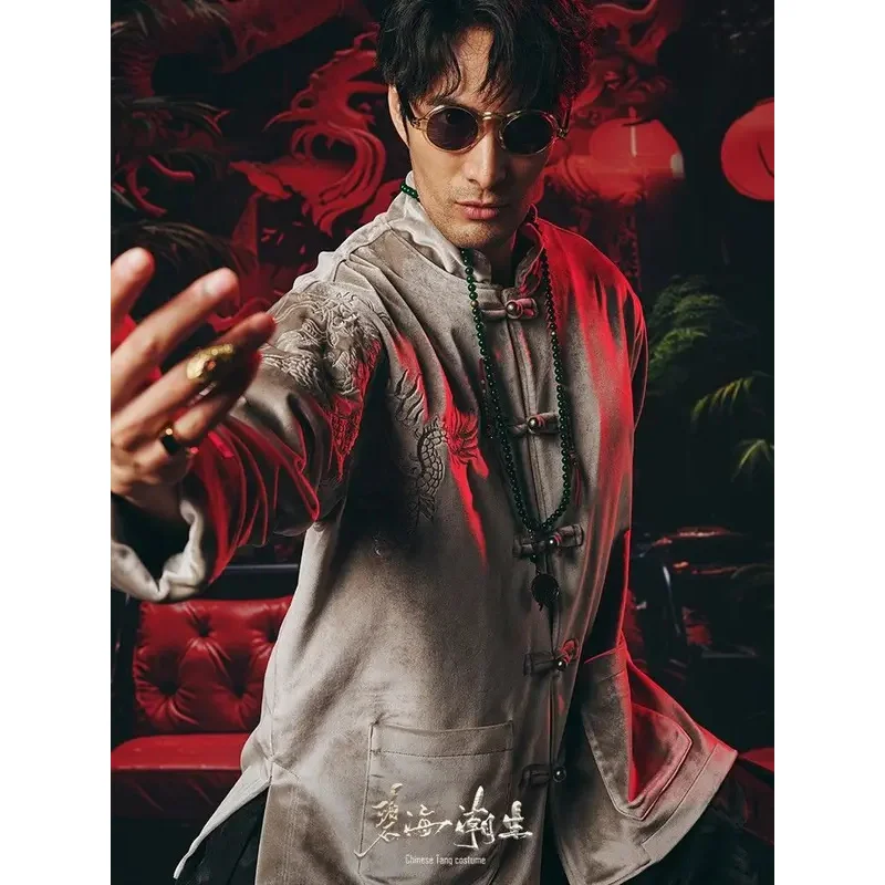 

DY20Spring And Autumn Chinese Style Tang Costume Dragon Embroidery Men's Youth Standing Collar Pan Buckle Printed Hanfu Coat25