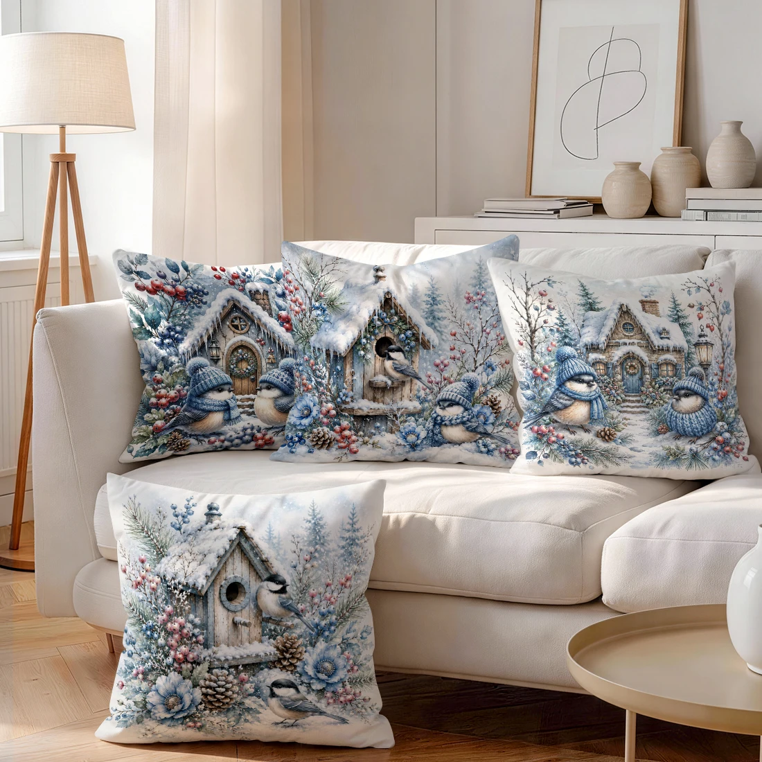 Winter Wooden House With Sparrow Bird S Cushions Pillowcase Polyester Cushion Cover Throw Pillow Pillowcover Home Car Sofa Decor