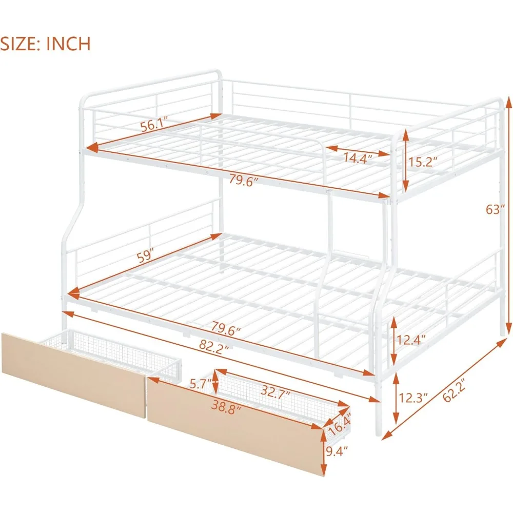 Metal Full XL Over Queen Bunk Beds with Storage, Heavy-Duty Full over Queen Bunk Bed with 2 Drawers for Boys Girls