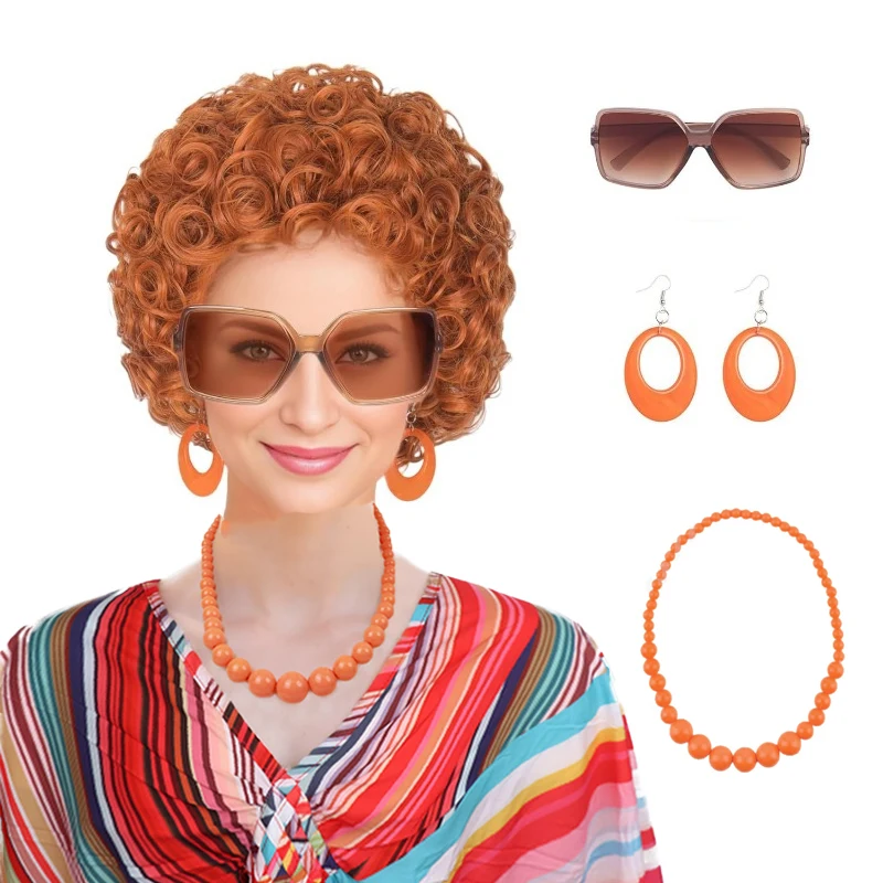 برتقالي مجعد للنساء زي السيدة روبر قصير برتقالي شعر مستعار صناعي مقاوم للحرارة شعر مستعار آني للبالغين حفلة الهالوين