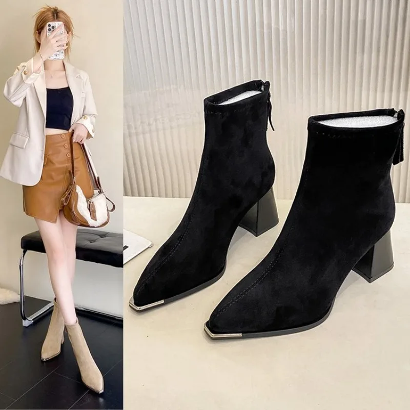 

Winter Short Plush Women Ankle Boots Fashion Square Toe Short Booties Ladies Elegant Low Heels Largas Booties Spring and Autumn