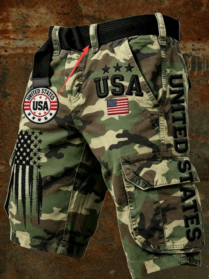 

Men Summer Camo Cargo Shorts USA Flag Patch Pockets Loose Fit Military Style Cotton Linen Beach Shorts Streetwear