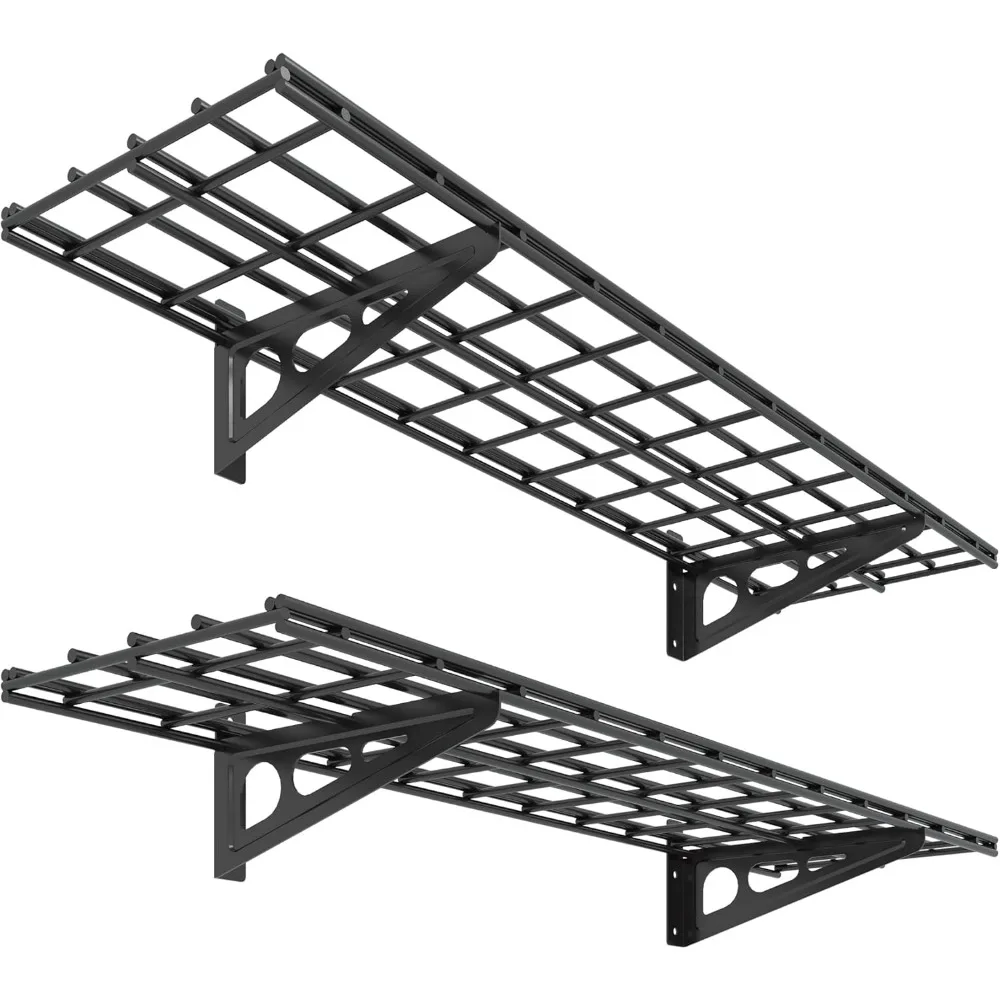 Set of 2 Wall-Mounted Floating Shelves, 1x4ft, 12x48 inches, Black Garage Storage Rack