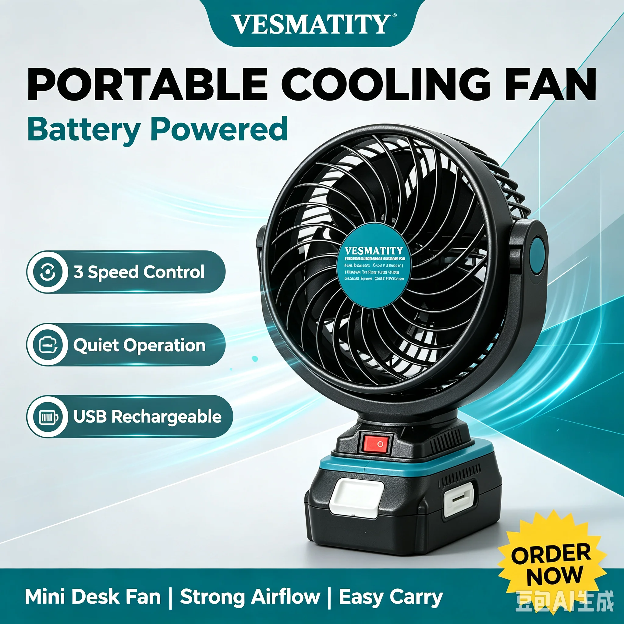 Professional grade cordless mini fan with USB port and tilt adjustment for camping outdoor and jobsite cooling for 18V  battery