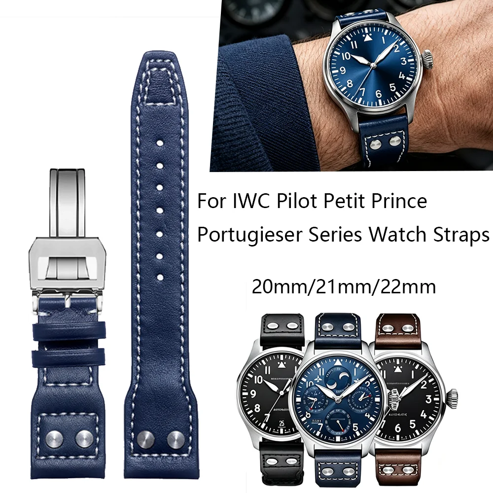 20mm 21mm 22mm Vintage Rivet Watch Strap Retro Classic Genuine Leather Wristband For IWC Pilot The Little Prince Portugal Series