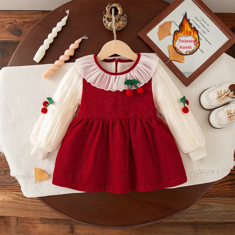 

Winter New Thick And Warm Baby Girl Dress, Red Long Sleeved Children'S Clothing Suitable For The New Year (9 Months -3 Years)