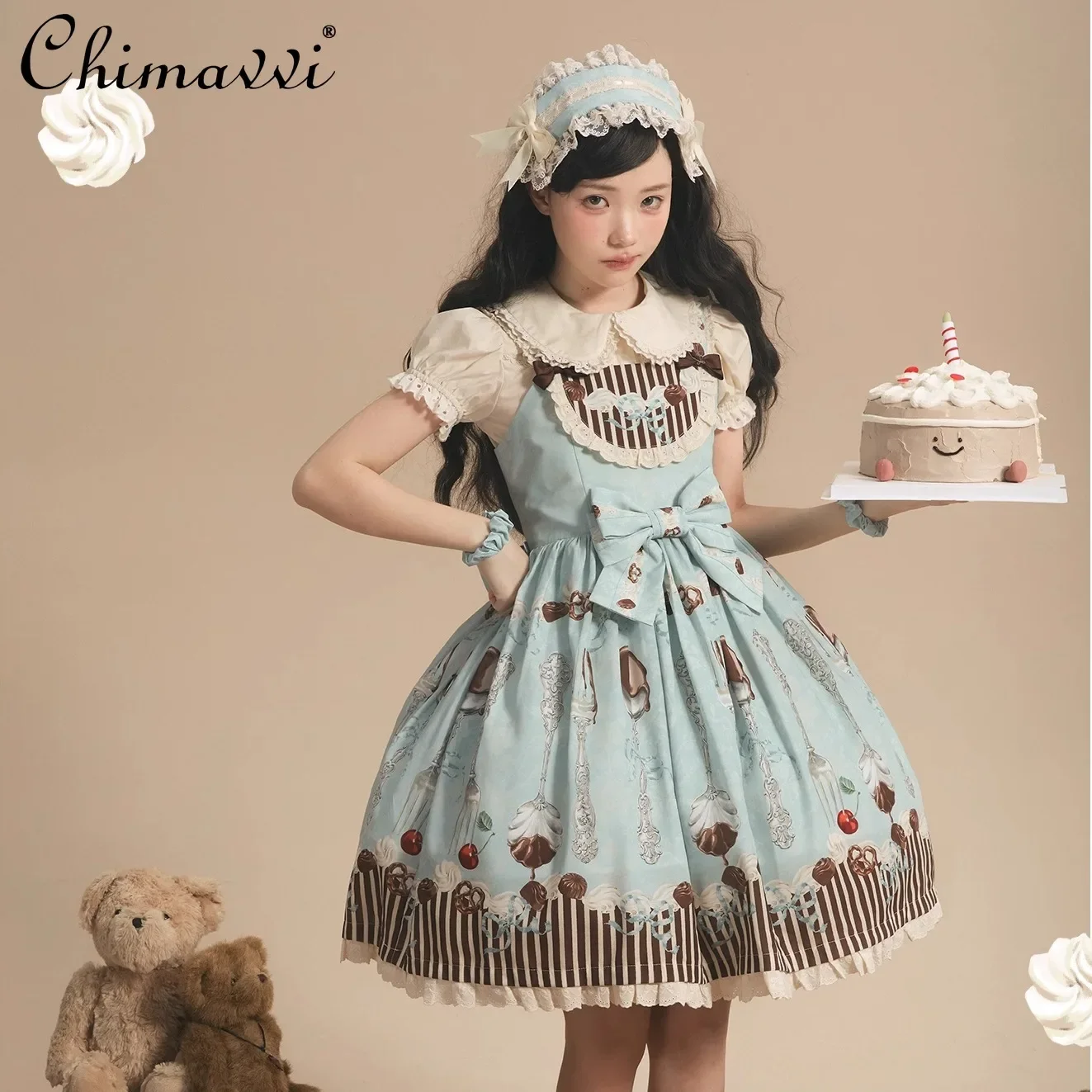 Vestidos de Lolita de diseño Original para niña, vestido Jsk de cintura alta con estampado de lazo bonito, vestidos verdes Kawaii para primavera y otoño