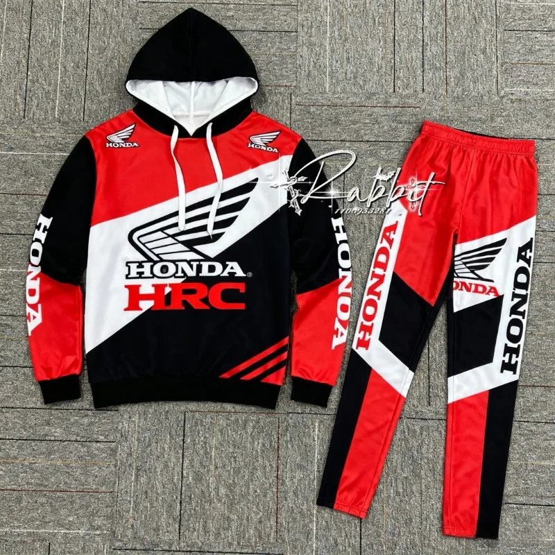 

2026FashionNewHonda RacingTeam Track Rider Fashion Street RetroCycling SetCasual Sports Hoodie and Motorcycle PantsTwo Piece Set