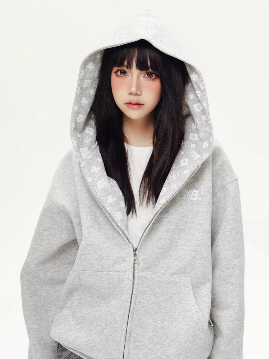 

KESOAK American Sle Printed Hoodie Cardigan Women's Loose Fit Zipper Jaet Autumn Winter Trendy Brand Couple's Outerwear