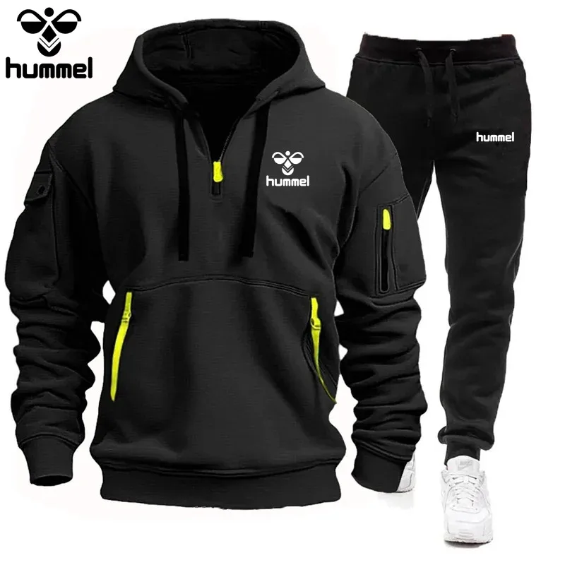 Brand HUMMEL Spring and Autumn Leisure Jogging Sportswear Suit Men\'s Brand-name Clothing Multi-pocket Zipper Hoodie + Sweatpants