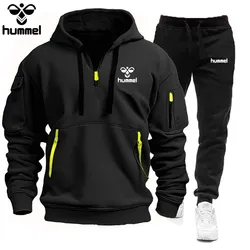 Brand HUMMEL Spring and Autumn Leisure Jogging Sportswear Suit Men's Brand-name Clothing Multi-pocket Zipper Hoodie + Sweatpants