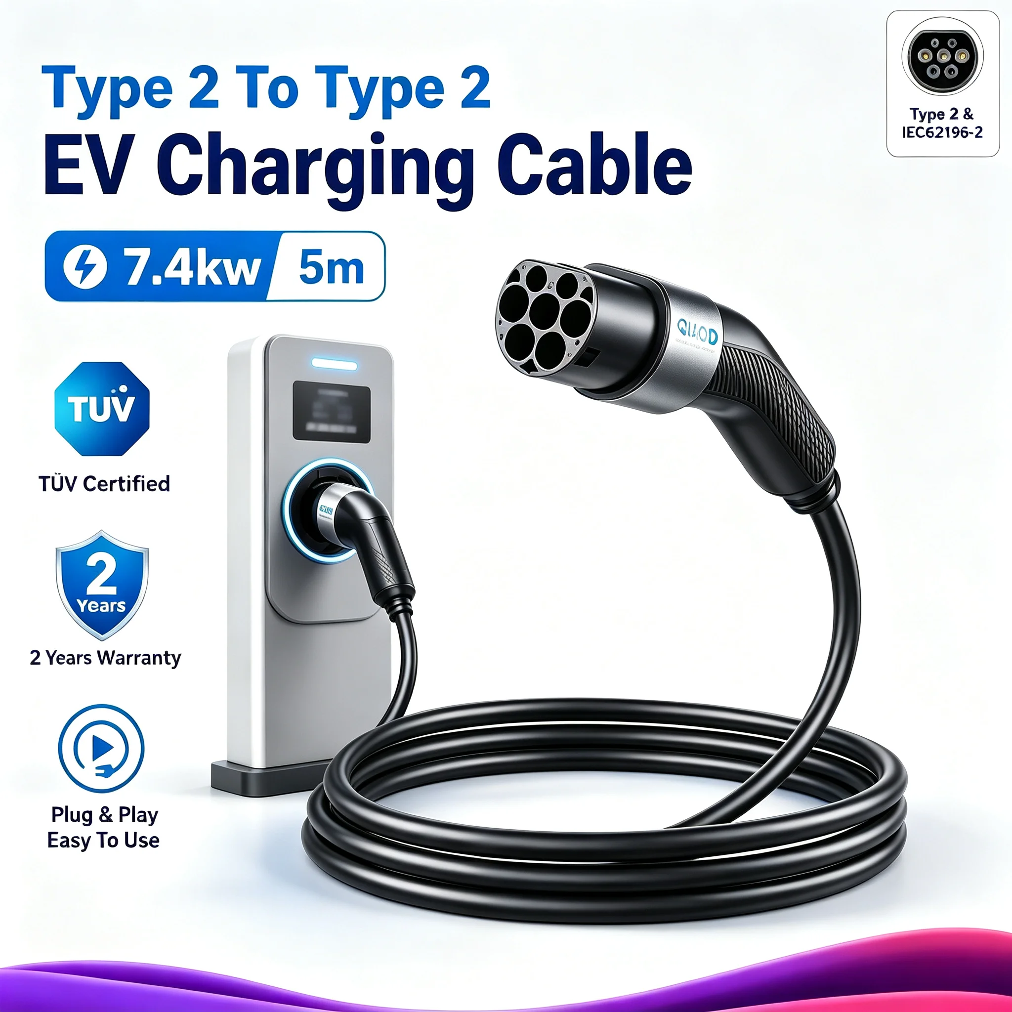 EV Charging Cable Type 2 to Type 2 Charging Cable Electric 22KW 32A 5M/7.5M Electric Car Charging Cord for Type 2