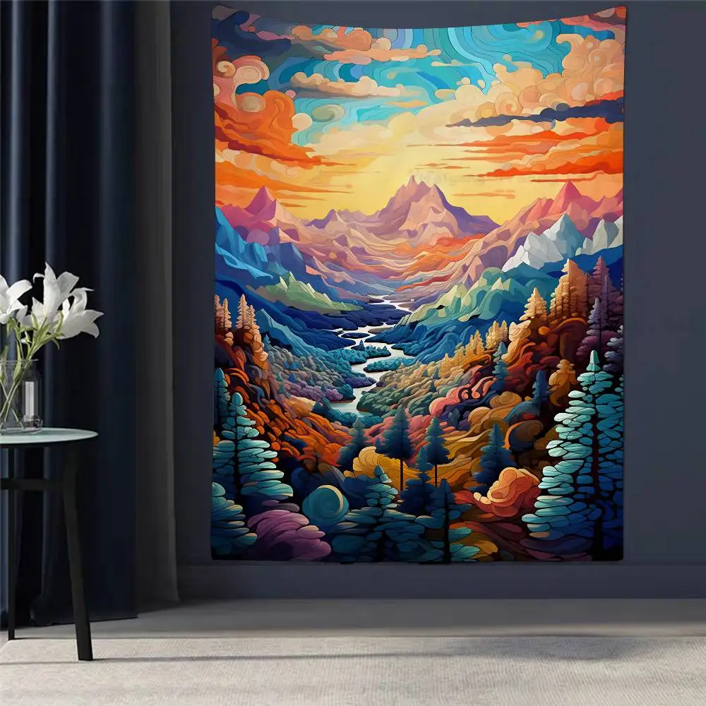 

Art Flowers Mountain Lake Colorful Landscape Printed Tapestry Indian Buddha Wall Decoration Witchcraft Bohemian Hippie Art Decor