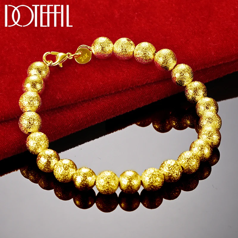 DOTEFFIL 8mm Matte Bead Ball Chain 18K Gold 925 Sterling Silver Bracelet For Woman Engagement Wedding Jewelry