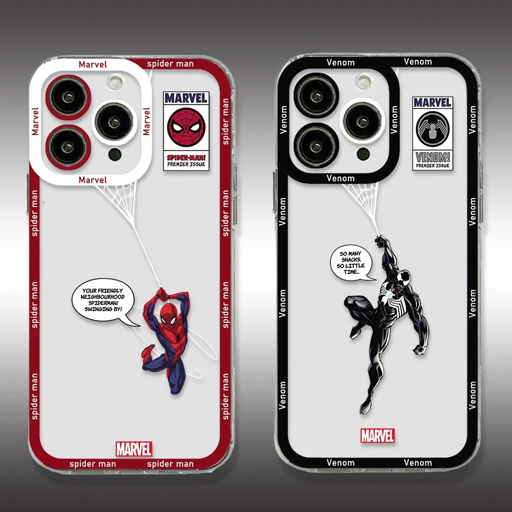 Super Hero Marvels Venom Spiders-Man Phone Case for IPhone 15 14 13 12 11 Pro Max X XR XS Max SE 6 7 8 Plus Transparent Cover