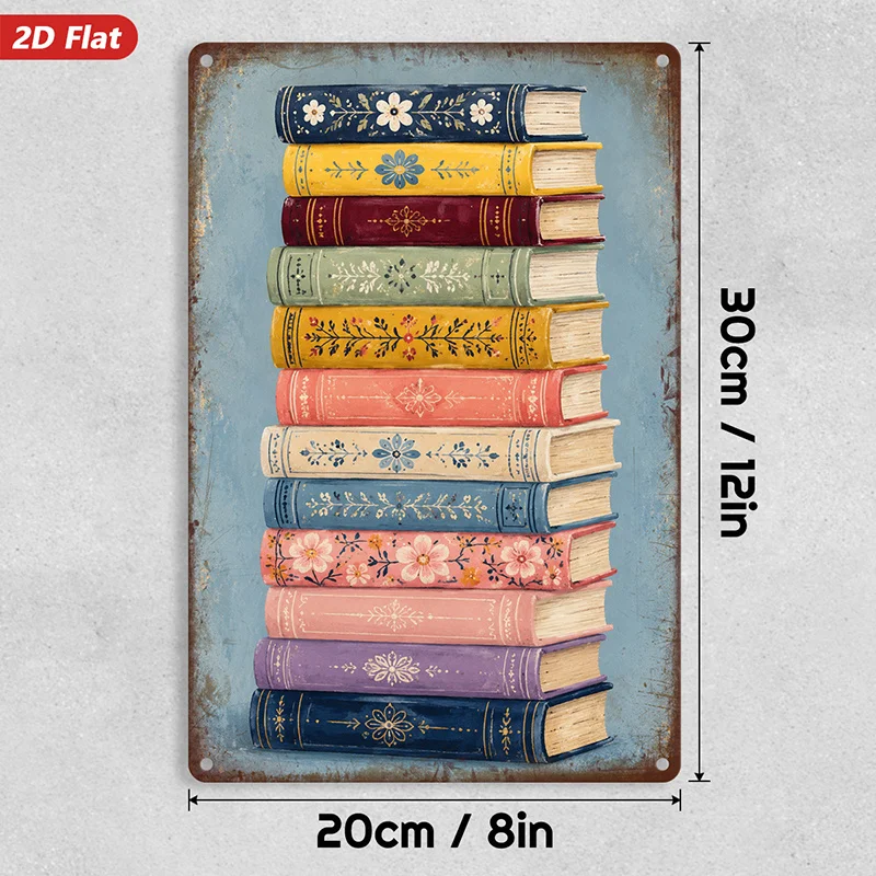 2D Flat, 1pc Vintage Book Stack Metal Sign Wall Art, Stacked Ornate Books, Floral Spine Details, Blue Yellow Pink Covers, Perfec