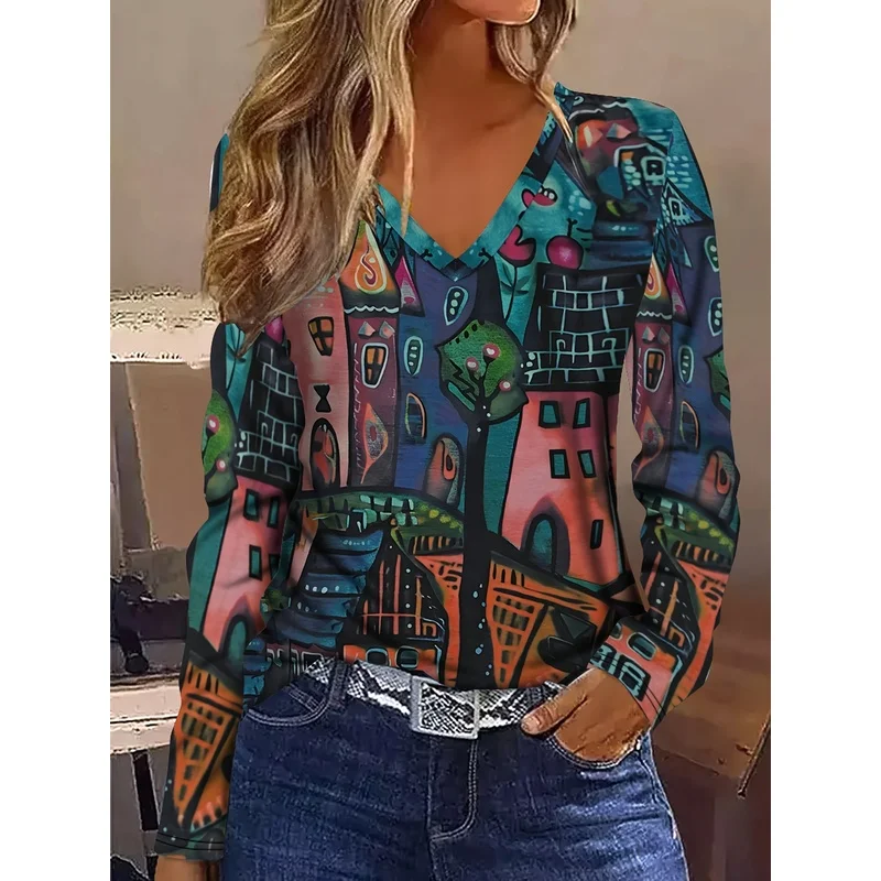 Plus Size Women Casual V Neck Long Sleeve T Shirt Abstract Cityscape Print Color Block Breathable Stretchy Machine Washable All