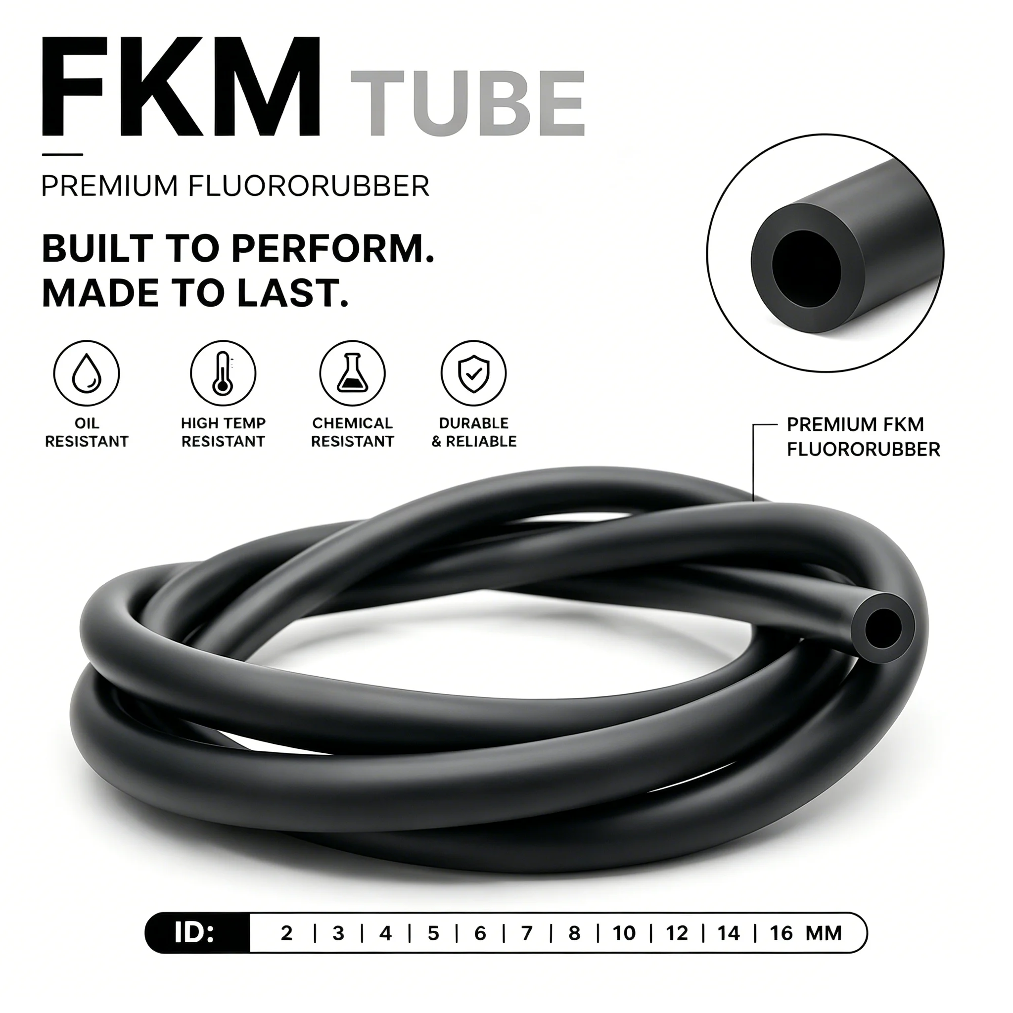 Black FKM Tube ID 2 3 4 5 6 7 8 10 12 14 16 mm Corrosion&Oil  Resistant  Rubber Hose Auto Fuel Line Industrial Fluid Transfer