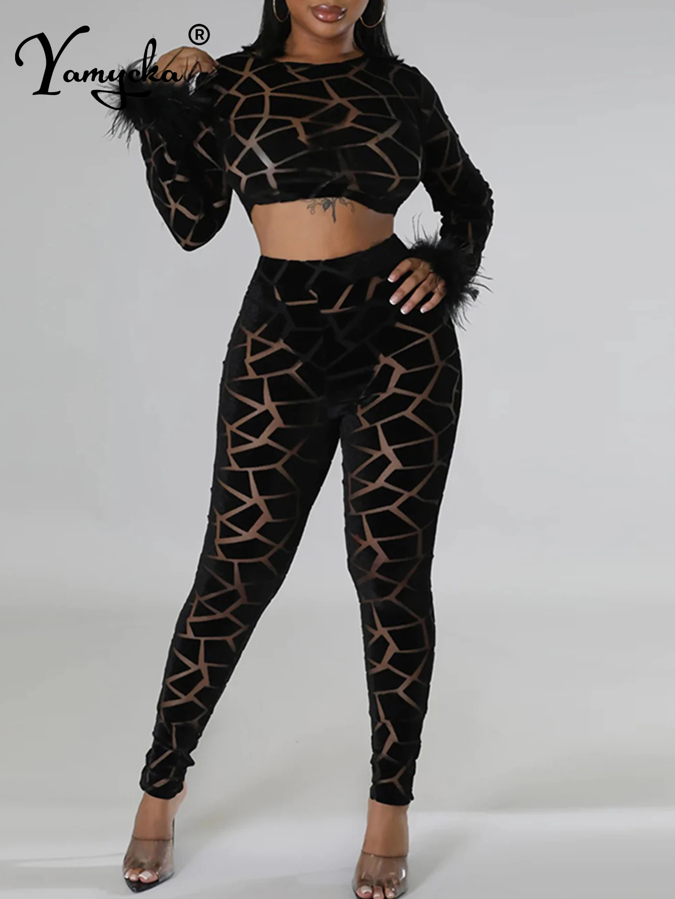 Sexy see through velvet mesh jumpsuit women 2024 summer body Pants birthday party club outfits Long sleeve jumpsuits bodysuit HL