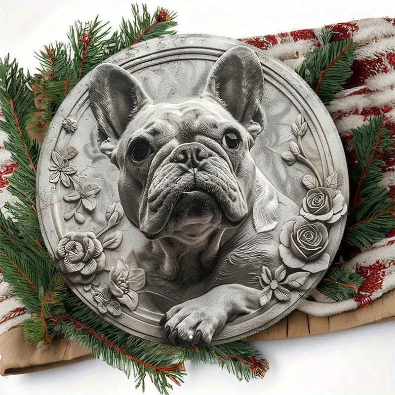 Aluminum Metal Sign Circular Metal Plaque Decoration Black And White Art Print Of French Bulldog wall decor room farmhouse decor