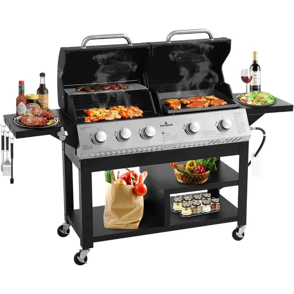 

5-Burner Propane Gas Grill with Porcelain-Enameled Cast Iron Grate, Outdoor BBQ Grill 54000 BTU with 2 Side Table, Griddle Grill