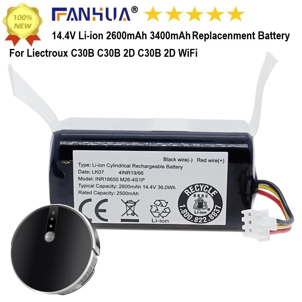 14.4V Li-ion Battery for Liectroux C30B C30B 2D C30B 2D WiFi Robot Vacuum Cleaner Midea M4 PN:Liectroux MD-C30B 2600mAh 3400mAh